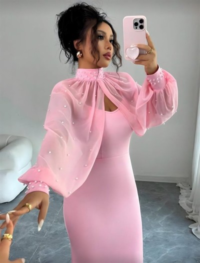 Kadın Balıkçı Yaka İnci Ve Tül Detay Dalgıç Kumaş Maxi Boy Elbise