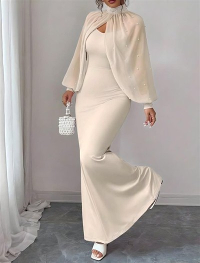 Kadın Balıkçı Yaka İnci Ve Tül Detay Dalgıç Kumaş Maxi Boy Elbise