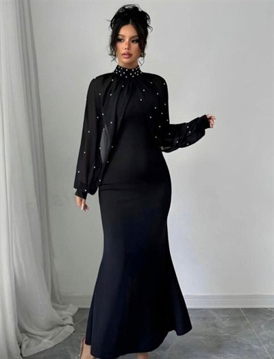 Kadın Balıkçı Yaka İnci Ve Tül Detay Dalgıç Kumaş Maxi Boy Elbise