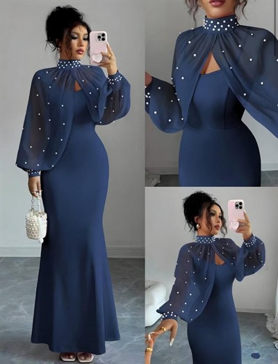 Kadın Balıkçı Yaka İnci Ve Tül Detay Dalgıç Kumaş Maxi Boy Elbise