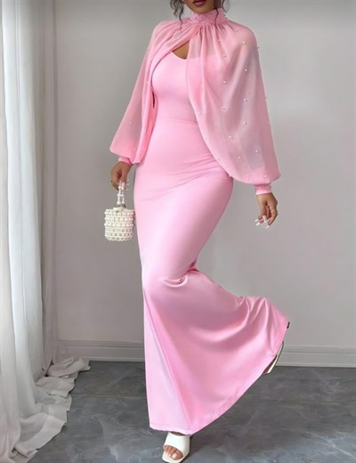 Kadın Balıkçı Yaka İnci Ve Tül Detay Dalgıç Kumaş Maxi Boy Elbise