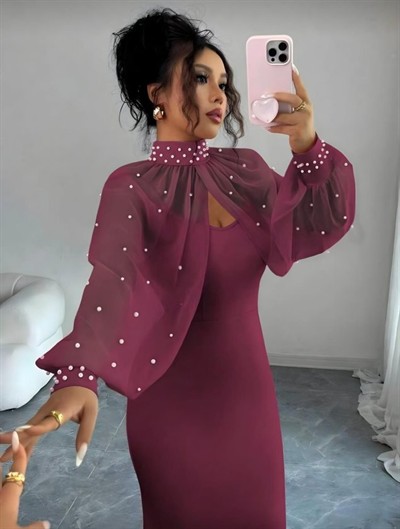 Kadın Balıkçı Yaka İnci Ve Tül Detay Dalgıç Kumaş Maxi Boy Elbise