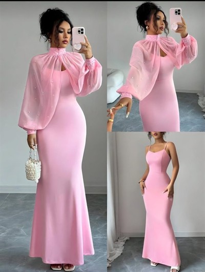 Kadın Balıkçı Yaka İnci Ve Tül Detay Dalgıç Kumaş Maxi Boy Elbise