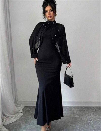 Kadın Balıkçı Yaka İnci Ve Tül Detay Dalgıç Kumaş Maxi Boy Elbise