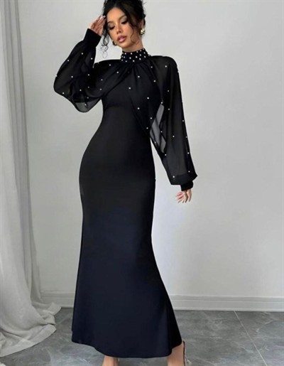 Kadın Balıkçı Yaka İnci Ve Tül Detay Dalgıç Kumaş Maxi Boy Elbise