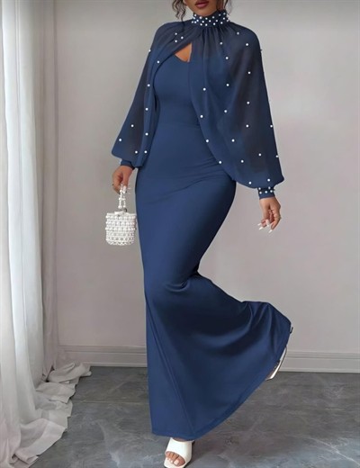 Kadın Balıkçı Yaka İnci Ve Tül Detay Dalgıç Kumaş Maxi Boy Elbise