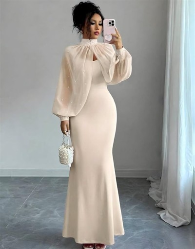 Kadın Balıkçı Yaka İnci Ve Tül Detay Dalgıç Kumaş Maxi Boy Elbise