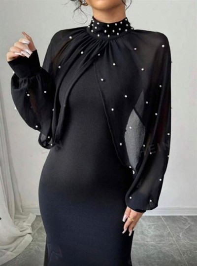 Kadın Balıkçı Yaka İnci Ve Tül Detay Dalgıç Kumaş Maxi Boy Elbise