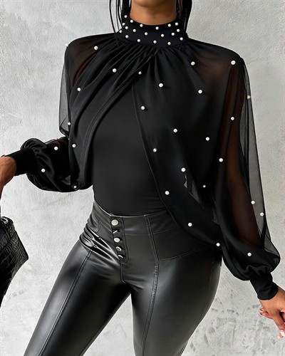 Kadın Balıkçı Yaka Incili Pelerin Ithal Krep Bluz