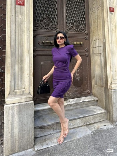 Kadın Bel Dekolteli Yanı Büzgü Detay Dalgıç Krep Kumaş Mini Elbise