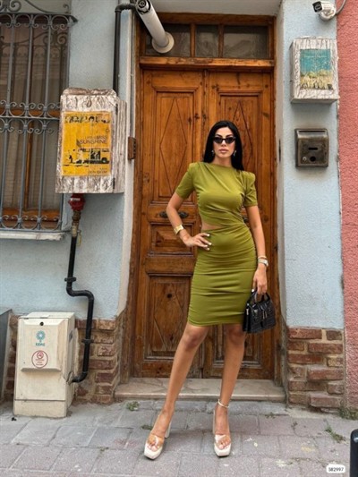 Kadın Bel Dekolteli Yanı Büzgü Detay Dalgıç Krep Kumaş Mini Elbise