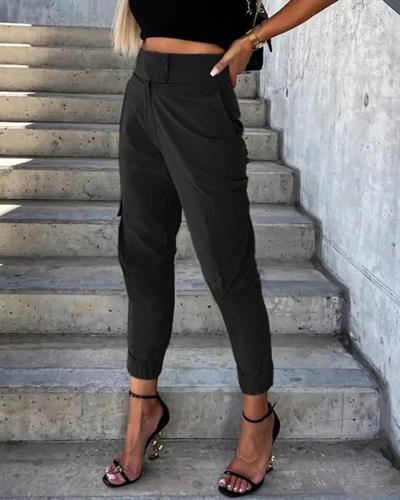 Kadın Bel Düğme Detaylı Paça Lastikli Kargo Pantolon