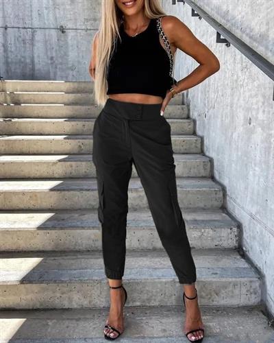 Kadın Bel Düğme Detaylı Paça Lastikli Kargo Pantolon