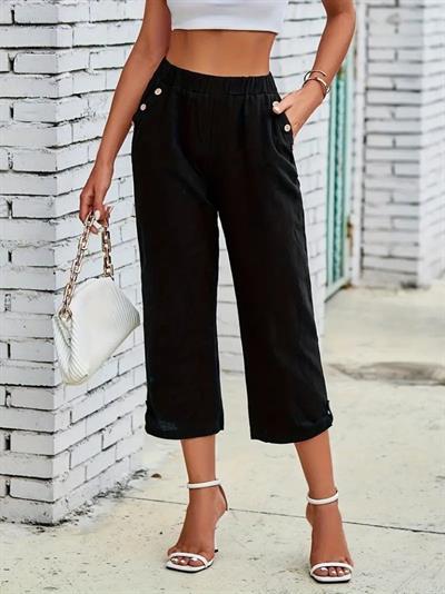 Kadın Beli Lastikli Düğme Ve Cep Detaylı Kapri Ithal Keten Pantolon
