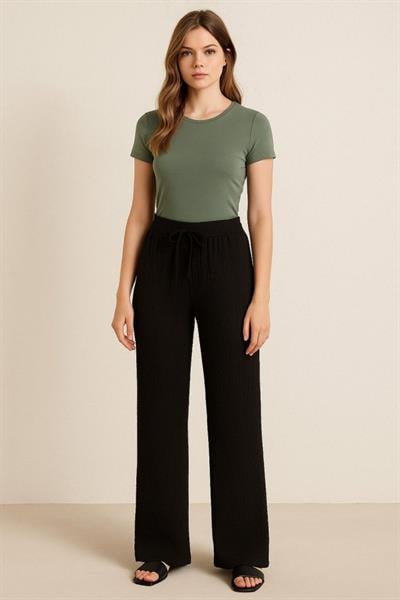Kadın Beli Lastikli Pol Paça Pantolon