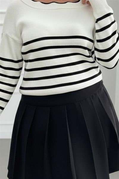 Kadın Beyaz Sırt Bağlama Detaylı çizgi Desen Triko Bluz