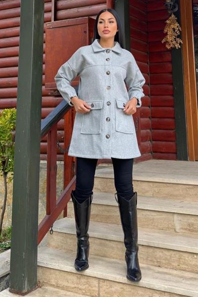 Kadın Bileği Lastikli Cep Ve Leopar Düğme Detay Kaşe Kaban