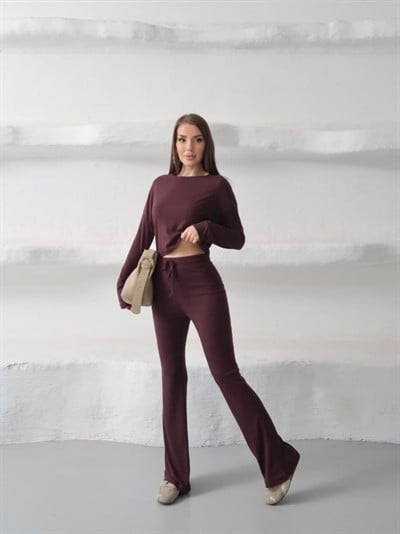 Kadın Bisiklet Yaka Crop Ve Ispanyol Paça Pantolon Ikili Takım