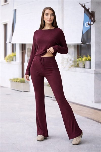 Kadın Bisiklet Yaka Crop Ve Ispanyol Paça Pantolon Ikili Takım