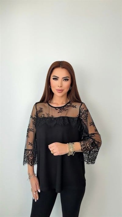 Kadın Bisiklet Yaka Dantel Güpür Transparan Detay Viskon Kumaş Bluz