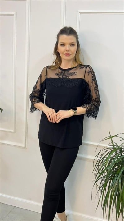 Kadın Bisiklet Yaka Dantel Güpür Transparan Detay Viskon Kumaş Bluz