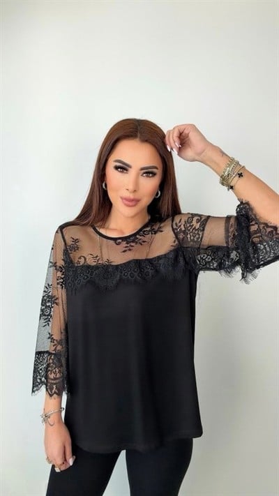 Kadın Bisiklet Yaka Dantel Güpür Transparan Detay Viskon Kumaş Bluz