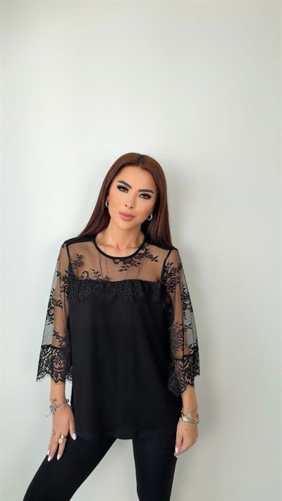 Kadın Bisiklet Yaka Dantel Güpür Transparan Detay Viskon Kumaş Bluz