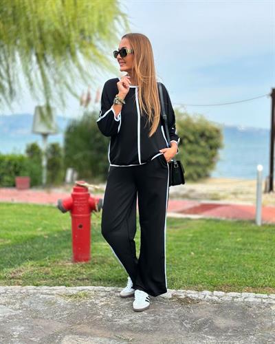 Kadın Bisiklet Yaka Truvakar Kol Biye Detay Bluz Ve Yüksek Bel Lastikli Pantolon Ikili Takım