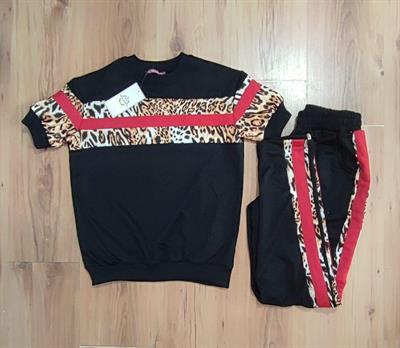 Kadın Bisiklet Yaka Kısa Kol Leopar Garni Detay Iki Iplik Kumaş Ikili Takım