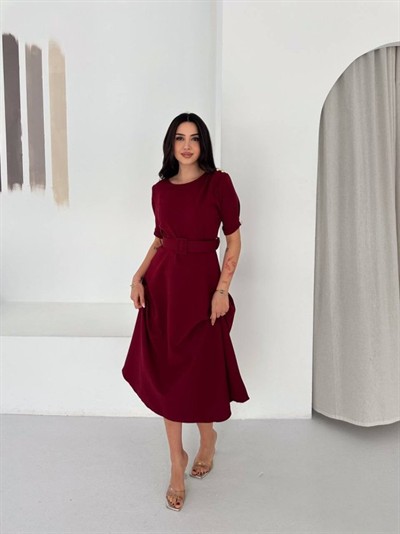 Kadın Bisiklet Yaka Kollar Fırfırlı Kemer Dahil Double Kumaş Midiboy Elbise