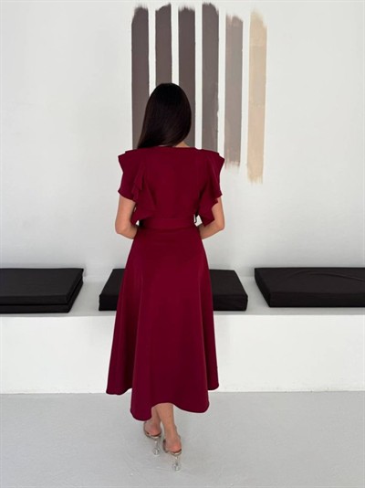 Kadın Bisiklet Yaka Kollar Fırfırlı Kemer Dahil Double Kumaş Midiboy Elbise