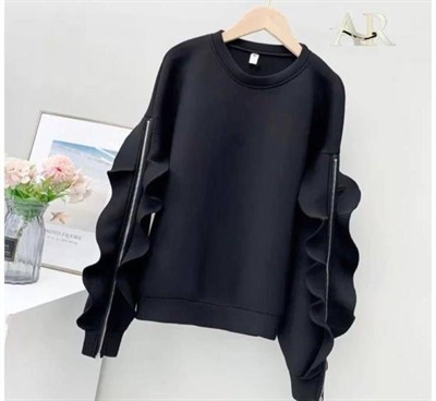 Kadın Bisiklet Yaka Kolları Volan Detay üç Iplik Kumaş Sweat