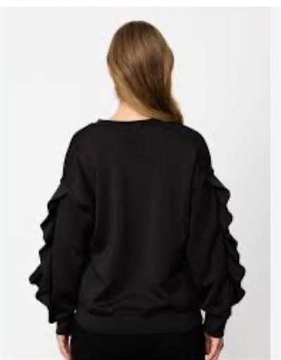 Kadın Bisiklet Yaka Kolları Volan Detay üç Iplik Kumaş Sweat