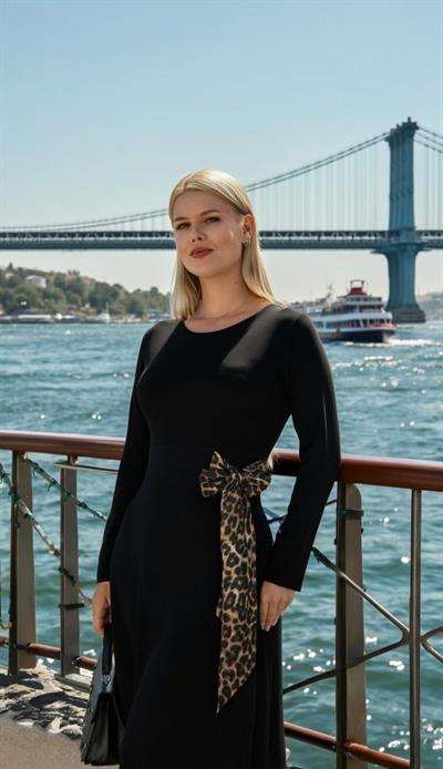 Kadın Bisiklet Yaka Leopar Fiyonk Detay Maxi Boy Elbise