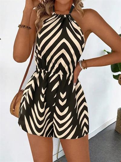 Kadın Boyundan Askılı Halter Yakalı Desenli Süprem Tulum