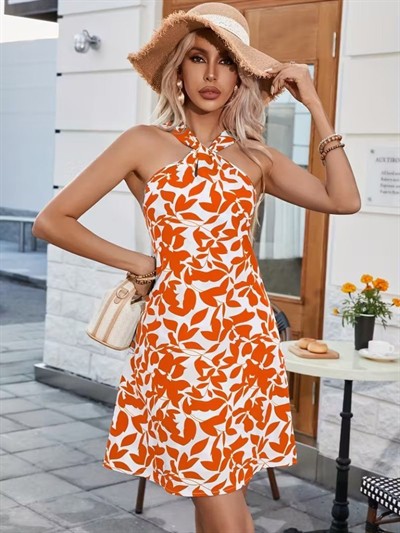 Kadın Boyundan çapraz Askı Damla Detaylı Omuzlardan Açık Desenli Kısa Süprem Elbise