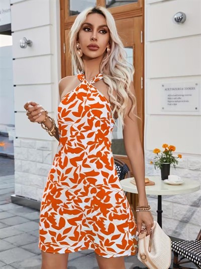 Kadın Boyundan çapraz Askı Damla Detaylı Omuzlardan Açık Desenli Kısa Süprem Elbise