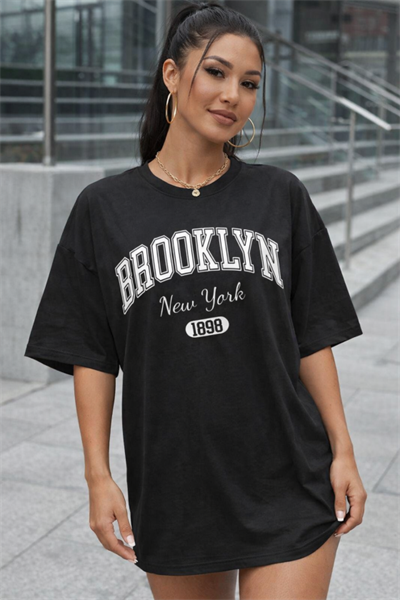 Kadın Brooklyn New York Baskılı Oversize T-shirt