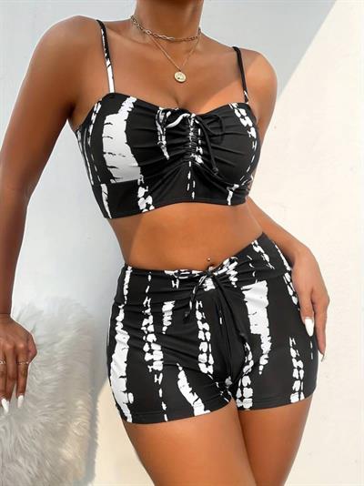 Kadın Büzgü Detay Askılı Cupsuz Crop Mini Tayt Ikili Takım