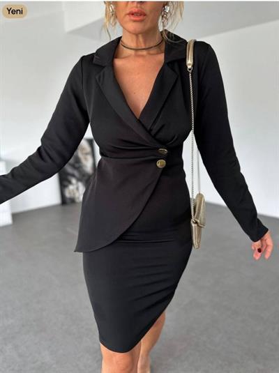 Kadın Ceket Yaka Düğme Detaylı Atlas Kumaş Elbise (ürünümüz Dar Kalıptır 1 Beden Büyük Tavsiye Edilir)