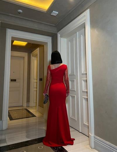 Kadın Dalgıç Krep Kumaş Kolları Tül Ve Taş Detaylı önü Drapeli Maxi Boy Elbise