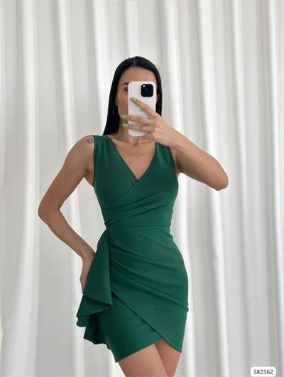 Kadın Dalgıç Kumaş Belde Kuşak Detaylı V Yaka Mini Boy Elbise