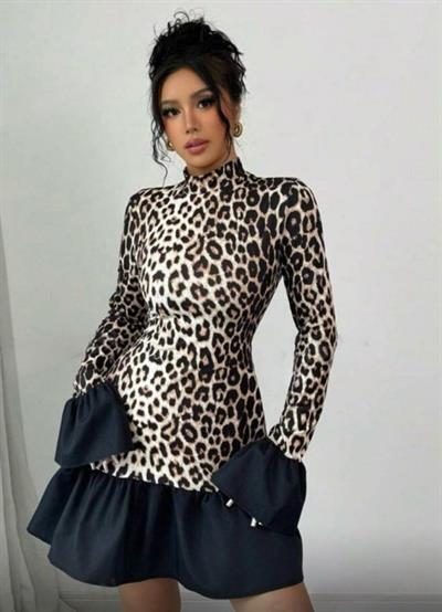 Kadın Dalgıç Kumaş Dijital Leopar Baskılı Garnili Mini Boy Elbise