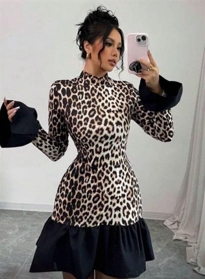 Kadın Dalgıç Kumaş Dijital Leopar Baskılı Garnili Mini Boy Elbise