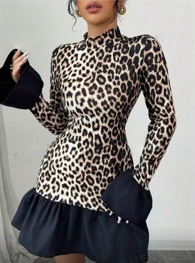 Kadın Dalgıç Kumaş Dijital Leopar Baskılı Garnili Mini Boy Elbise