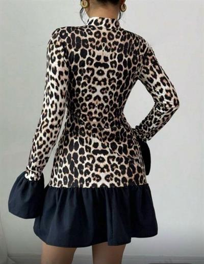 Kadın Dalgıç Kumaş Dijital Leopar Baskılı Garnili Mini Boy Elbise