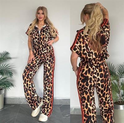 Kadın Dalgıç Kumaş Dijital Leopar Baskılı şerit Detaylı Takım