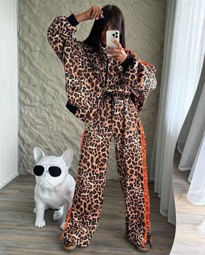 Kadın Dalgıç Kumaş Dijital Leopar Baskılı Takım