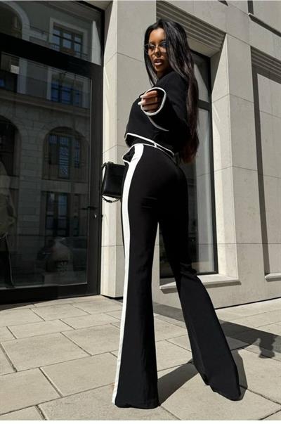 Kadın Dalgıç Kumaş Düğme Detaylı Bluz Ve Ispanyol Paça Pantolon Ikili Takım