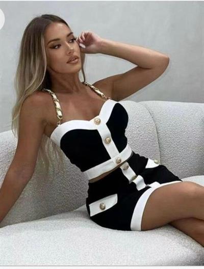Kadın Dalgıç Kumaş Düğme Ve Zincir Detaylı Ikili Takım